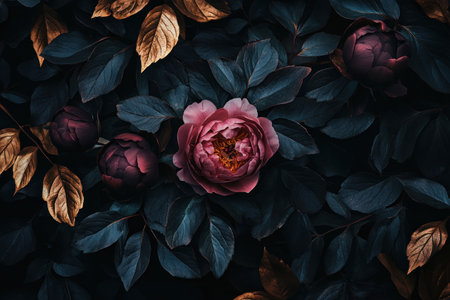 Dark background, peonies and leaves, close-up, pink roses, dark brown flowers, golden foliage, atmospheric photography, top view, volumetric lighting, soft focus, moody. --ar 3:2 --v 6.1 Job ID: c780ed0c-60ad-442d-8421-d9b8af21bf0aの素材