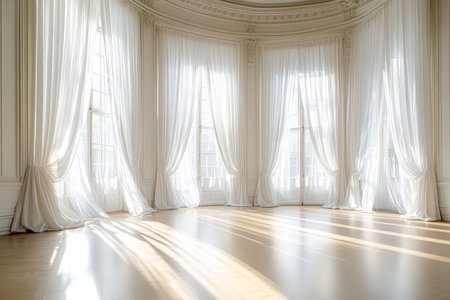 Dramatic room with white curtains, light streaming through the windows, floor-to-ceiling drapes flowing in a soft breeze, a large mansion interior, an empty space, an elegant and luxurious aesthetic, fine art photography, natural lighting, professional color grading, low contrast, a cinematic feel, high-resolution photography. --ar 3:2 --v 6.1 Job ID: 2dd54c50-c2d4-424a-9aff-74a68012d6c3の素材