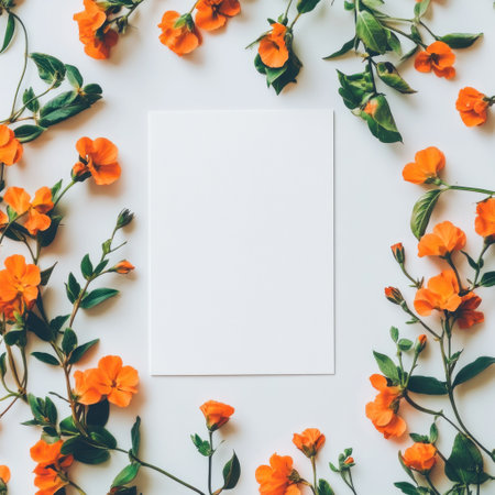 Flat lay of a blank white card on a clean background with orange flowers and plants, high-resolution photography, minimalist composition, top view, white studio lighting, soft shadows, hyper-realistic photography, low-contrast film stock photo, high-definition art print in the style of Mandy Disher, professional color grading, and soft shadow fine details. --v 6.1 Job ID: 8b9afcc0-9d81-46d2-be99-38ff182b22f8の素材