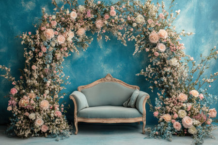 Elegant blue and teal backdrop with an arch of flowers, an antique sofa in the center, creating a dreamy atmosphere for newborn photography. --ar 3:2 --v 6.1 Job ID: 88ff77e7-f9d7-4255-b548-967e74c2660bの素材