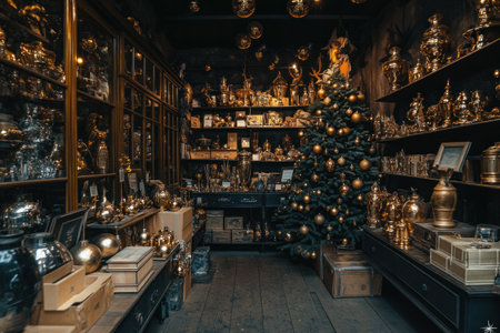Dark and moody photography of a magical shop filled with many golden vases, gold ornaments, boxes, large wooden shelves, a Christmas tree, a full-body shot, a wide-angle view, and warm lighting. --ar 3:2 --v 6.1 Job ID: 5fb04399-164b-4fa8-bbd9-acb3a95d2c3eの素材