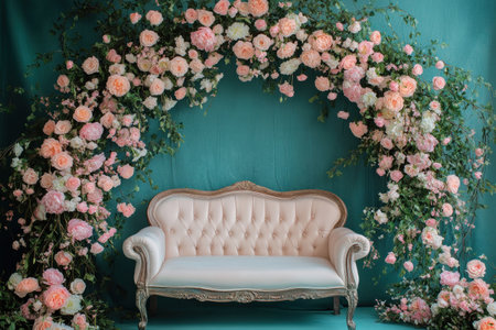 Elegant teal blue backdrop with an arch of pastel pink and peach flowers, and a vintage sofa for a photography studio setting. The floral arrangement adds a romantic touch to the scene. --ar 3:2 --v 6.1 Job ID: bb4ecb04-a496-42c0-b10c-64b8bd65a2dfの素材