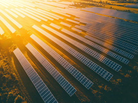 Drone view of a large solar farm with rows and rows of photovoltaic panels, sunlight shining on the ground, golden hour lighting, cinematic, editorial photography, professional color grading, soft shadows, low contrast, clean sharp focus, film grain, natural light. --ar 39:29 --v 6.1 Job ID: cab1d99d-3db1-40e5-864c-821db55e1a1cの素材
