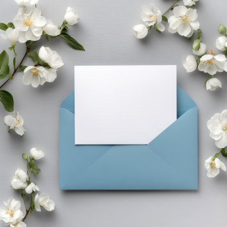 Elegant wedding invitation card mockup with blank white paper and blue envelope, with flowers on the side, light gray background, high-resolution photography. --v 6.1 Job ID: c7512dc2-08e5-48e0-a55e-7e5537403a38の素材