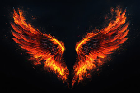 Fiery wings on a black background, digital art-style wallpaper --ar 3:2 --v 6.1 Job ID: 044f888f-e930-4176-bede-838f53f2f1a5の素材