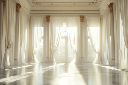 Dramatic room with white curtains, light streaming through the windows, floor-to-ceiling drapes flowing in a soft breeze, a large mansion interior, an empty space, an elegant and luxurious aesthetic, fine art photography, natural lighting, professional color grading, low contrast, a cinematic feel, high-resolution photography. --ar 3:2 --v 6.1 Job ID: 2dd54c50-c2d4-424a-9aff-74a68012d6c3の素材
