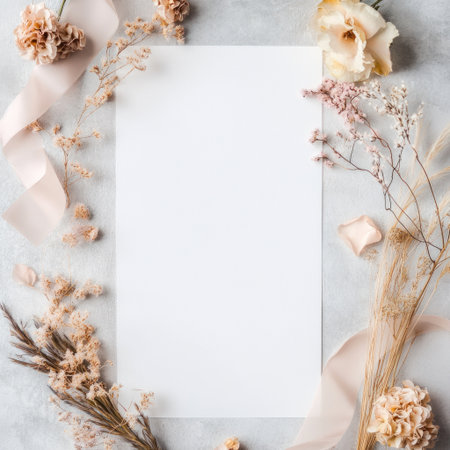 Flat lay composition of blank white paper with pink and beige flowers, dried grasses, and ribbons on a light grey background. Mockup for design. Top view. Flat lay mock-up. Flat lay with copy space. Minimal concept. Minimalistic stock photo. Free space for text or logo. --v 6.1 Job ID: 0610e2f3-977e-4544-9b1a-935e513fddbdの素材