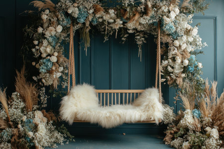 Elegant backdrop with fluffy turquoise and cream-colored flowers, a wooden swing chair in the middle of the backdrop with lots of fluffy fur on it, a dark blue wall panel background, in a whimsical, fantasy, boho style, ultra-realistic photography. --ar 3:2 --v 6.1 Job ID: b8ecd6ed-4c7a-41f1-b144-e948863258adの素材