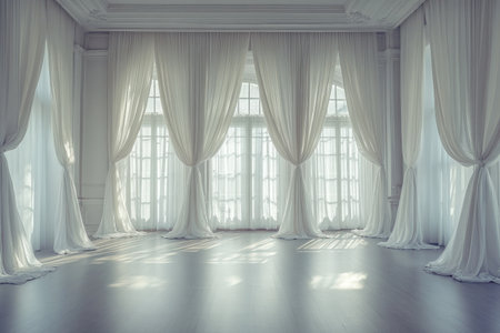Dramatic room with white curtains, light streaming through the windows, floor-to-ceiling drapes flowing in a soft breeze, a large mansion interior, an empty space, an elegant and luxurious aesthetic, fine art photography, natural lighting, professional color grading, low contrast, a cinematic feel, high-resolution photography. --ar 3:2 --v 6.1 Job ID: 2dd54c50-c2d4-424a-9aff-74a68012d6c3の素材