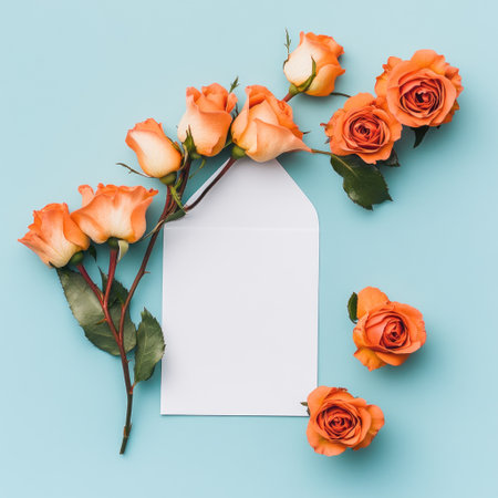 Flat lay of an envelope with orange roses and a white blank card on the side, isolated against a clean background. The composition is minimalist, focusing only on the arrangement of flowers around the empty space for text or graphics. Soft lighting highlights each petal's texture and color, creating a serene atmosphere that evokes tranquility and romance. This flat-lay design would be perfect as a wedding invitation mockup, adding romantic charm to any creative project. Isolated on a pastel background. --v 6.1 Job ID: 53f33906-09a5-425d-b3c5-53a94fc5e385の素材