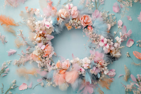 Fluffy fur wreath, pastel colors, flowers and feathers around it, newborn photography, flat lay. --ar 3:2 --v 6.1 Job ID: 6b8995d3-22f1-4e43-9781-44944172c45fの素材