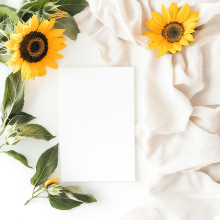 Flat lay of a blank white wedding invitation on top, with sunflowers and linen next to it, on a clean white background, with soft, natural lighting, professional photography, high resolution. --v 6.1 Job ID: 58ec65a4-0ee5-4080-8de4-7d03e3b31608の素材