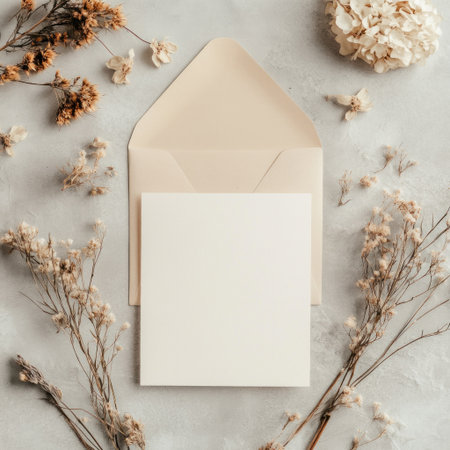 Flat lay of a blank white wedding invitation surrounded by dried flowers and a beige envelope on a light grey background, with a minimalist aesthetic and neutral tones. Flat lay photography. --v 6.1 Job ID: e32f66bc-6dbd-4842-8b62-ebd829378f15の素材