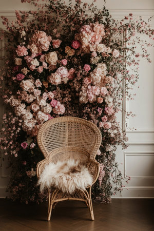 Floral backdrop, floor-to-ceiling floral arrangement in pink and pastel colors. On the wall, there is an old rattan peacock chair with a fur throw over it. Moody lighting creates a romantic, dreamy atmosphere. --ar 2:3 --v 6.1 Job ID: 5719c3d6-d3ee-4020-9d00-714fc8998a31の素材