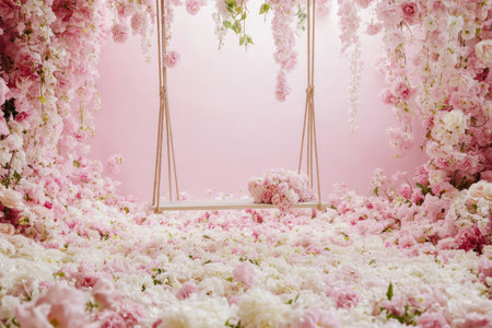 Floral swing backdrop, floor covered in pink and white flowers, lots of roses, cinematic, pink flower wall backdrops, soft lighting, backdrop only, no model or guests. --ar 3:2 --v 6.1 Job ID: 582e0166-b6d7-450e-9361-3990570e8ae0の素材