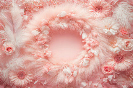 Fluffy fur in the shape of an angelic halo, surrounded by pastel flowers and feathers. Top-down view, close-up, flat lay photography. Ultra-realistic photo with cinematic lighting, high-resolution texture, and pastel tones in a boho style. --ar 3:2 --v 6.1 Job ID: 4b3ebbcb-967d-4f5e-b484-6f33dad74623の素材