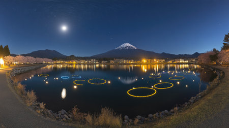 Design a stunning 4k image of Mount Fuji reflected perfectly in Lake Kawaguchiko, encircled by a vibrant bloom of cherry blossoms --chaos 30 --ar 16:9 --v 6.1 Job ID: 39d3816f-1a75-4267-a20e-b60d24f9b5b4の素材