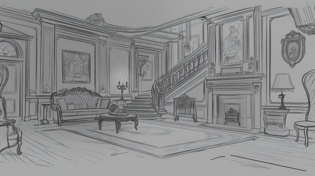 Create a detailed 4k sketch that depicts a living room, with a stairwell, a corner sofa, a coffee table, a lamp, and a plush carpet --chaos 30 --ar 16:9 --v 6.1 Job ID: 69b09aa8-6e42-4025-b73f-1e44e5220b35の素材