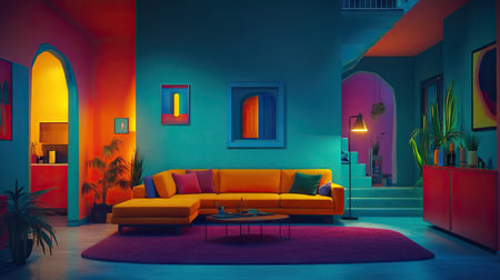 Generate a realistic 4k illustration of a living room design, incorporating a stairwell, a generous corner sofa, a functional coffee table, a subtle lamp, and a plush carpet --chaos 30 --ar 16:9 --v 6.1 Job ID: 309bc8fb-d1fd-42ea-addf-327969a080e5の素材