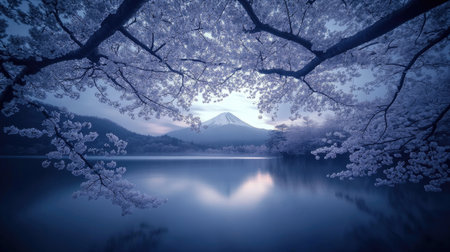 Generate a vivid, artifact-free visual of Mount Fuji elegantly poised over Lake Kawaguchiko, framed by a delicate cascade of blossoming cherry trees --chaos 30 --ar 16:9 --v 6.1 Job ID: d517478a-0728-42ce-9afa-503df0f752ffの素材
