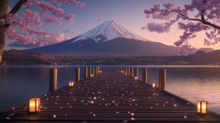 Showcase a stunning visual where Mount Fuji's grandeur is captured over Lake Kawaguchiko, adorned by the gentle caress of cherry blossom petals --chaos 30 --ar 16:9 --v 6.1 Job ID: 533f23c8-b13b-4738-9e68-d785c81c01efの素材