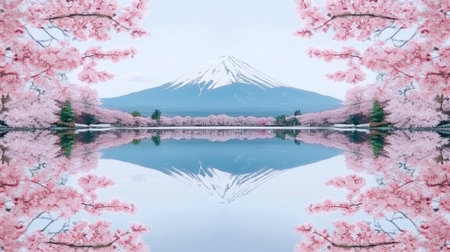 Design a stunning 4k image of Mount Fuji reflected perfectly in Lake Kawaguchiko, encircled by a vibrant bloom of cherry blossoms --chaos 30 --ar 16:9 --v 6.1 Job ID: 39d3816f-1a75-4267-a20e-b60d24f9b5b4の素材