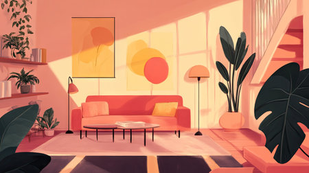 Design a living room sketch that emphasizes negative space, using the two-light sources to reveal the sofa's form, the stairs, table, lamp, and carpet in a refined 4k rendering --chaos 30 --ar 16:9 --v 6.1 Job ID: d2f22420-0078-4b02-a543-707a13ded2acの素材