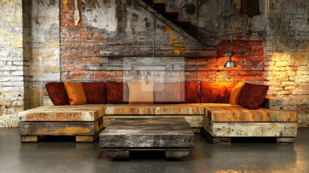 Create a living room where the lamp projects an image of the stairwell onto the corner sofa and coffee table, enhancing a creative, interactive scene. --chaos 30 --ar 16:9 --v 6.1 Job ID: 6460d018-7f95-4c30-9ef1-0531f4ab3b97の素材