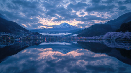 Create a serene landscape that displays Fuji reflecting on Lake Kawaguchiko with a foreground of vibrant cherry blossoms under a beautifully lit sky --chaos 30 --ar 16:9 --v 6.1 Job ID: c9090fd1-ac65-4f6c-9ad7-7efac36ded18の素材