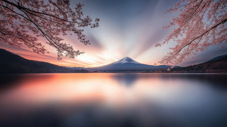 Produce an ethereal image of cherry blossoms floating over a perfectly still Lake Kawaguchiko, reflecting Fuji under a soft, pastel-colored sunset --chaos 30 --ar 16:9 --v 6.1 Job ID: 5eca7fba-8e5b-4e42-8cb7-ccda826251bfの素材