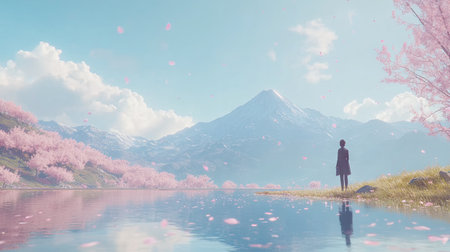 Fashion a realistic image of Fuji reflected in the clear waters of Lake Kawaguchiko, encircled by a symphony of delicate cherry blossoms in full bloom --chaos 30 --ar 16:9 --v 6.1 Job ID: e8a934da-9629-4633-bb49-d0cf9e45936bの素材