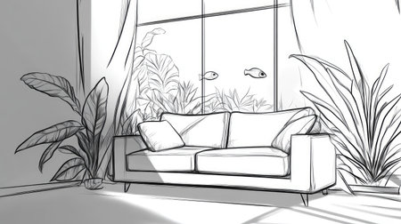 Design a striking outline sketch of a sofa incorporating a built-in aquarium beneath a clear glass surface, blending nature and furniture, achieving a clean and crisp visual in 16:9 --chaos 30 --ar 16:9 --v 6.1 Job ID: 3bf22489-f6ae-47d0-94dc-55f420ef3a9aの素材