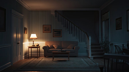 Develop a realistic 4k image of a living room with a stairwell, corner sofa, coffee table, a strategically placed lamp, and a textured carpet, illuminated by two soft light sources --chaos 30 --ar 16:9 --v 6.1 Job ID: 0d2c3b48-d7a9-40c6-b9a8-dcd6c09416c7の素材