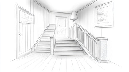 Imagine a living room: a monochromatic sketch capturing the interplay of shadows and light around a floor lamp, emphasizing texture on the carpet and walls, stairs. --chaos 30 --ar 16:9 --v 6.1 Job ID: 12c14ff7-d1f4-4ea7-b8d2-86c1f49f07b3の素材