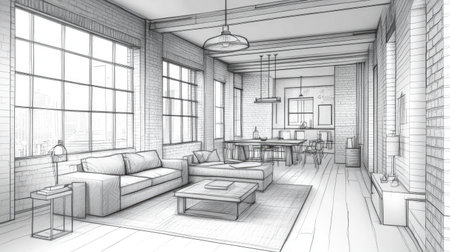 Design a detailed outline sketch of an industrial-chic office space with exposed brick and metal accents, achieving perfect clarity and detail in a 4k rendering at a 16:9 aspect ratio --chaos 30 --ar 16:9 --v 6.1 Job ID: 90777fca-5aa1-4c5e-af4a-09bd9ba5256fの素材