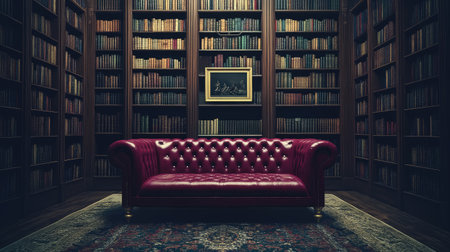 Generate a highly detailed illustration of a vintage leather Chesterfield sofa set against a backdrop of a classic library, depicting worn textures --chaos 30 --ar 16:9 --v 6.1 Job ID: 289fe09c-2dcd-436e-b55c-abc40521a117の素材