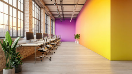 Showcase a modern office interior within a drawing, emphasizing a bold use of color, abstract design elements, and innovative spatial arrangements for a creative perspective --chaos 30 --ar 16:9 --v 6.1 Job ID: c717bf69-1d89-43db-8146-2cec63523781の素材