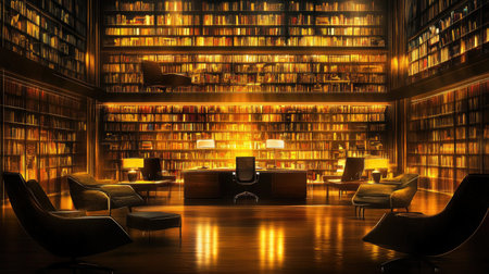 Create a sophisticated office library with floor-to-ceiling bookshelves and a singular, focused spotlight illuminating a central desk space, depicted in an outline perspective --chaos 30 --ar 16:9 --v 6.1 Job ID: 308cec94-7734-4693-9bd6-8eff154657eeの素材