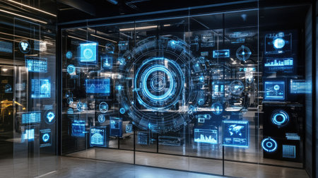 Showcase a high-tech office environment displaying holographic projections, illuminated pathways and a circular design using a clean outline drawing with a 4k, 16:9 format --chaos 30 --ar 16:9 --v 6.1 Job ID: 60e5b106-5720-481a-9f0a-0ec69bc79457の素材