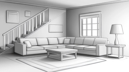 Produce a detailed 4k sketch of a living room interior, with a prominent stairwell, a welcoming corner sofa, a sleek coffee table, a strategically placed lamp, and a luxurious carpet --chaos 30 --ar 16:9 --v 6.1 Job ID: 9ba50751-6567-4598-8fac-c6f3019c45c5の素材