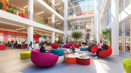 Illustrate a sun-drenched architectural rendering of a contemporary co-working space, highlighting vibrant colors, and natural light in a perfectly composed outline --chaos 30 --ar 16:9 --v 6.1 Job ID: 3a015802-ac97-4ec4-93c9-7facb6e28130の素材