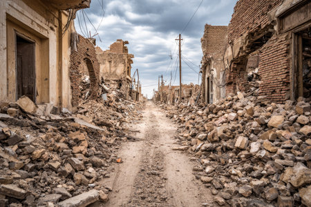 Deserted street, lined with crumbled buildings, filled with piles of rubble and debris, representing a scene of destruction and devastation.の素材