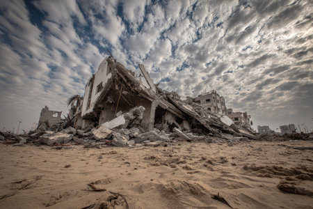 Collection of crumbled buildings and structures on a sandy terrain, against a cloudy sky. The scene is indicative of a past destructive event, characterized by widespread damage and the scattering of debris.の素材