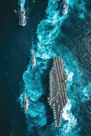 High-angle full shot of a modern aircraft carrier and other naval vessels navigating across the open ocean.  The image displays the ship's hulls, decks, and wakes, capturing the dynamic movement of these military vessels in the marine environment.  The vibrant blue water and white foamy patterns of the waves enhance the visual impact of the scene.の素材