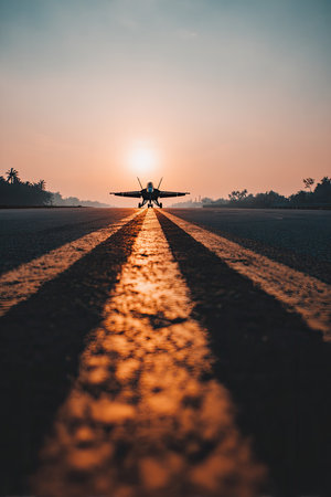 Jetliner is positioned on a runway at sunrise.  The image is composed of the silhouette of the jet against the warm colors of the sunrise.  The runway markings cast interesting shadows.の素材