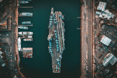 High-angle perspective of a bustling naval harbor.  Various sizes of ships and vessels are docked, alongside an aircraft carrier.  The scene includes a cityscape with buildings, parking lots, and roadways, creating a dynamic view of the urban industrial complex.の素材