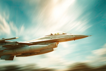 High-speed military jet is pictured in the middle of a flight. The aircraft is shown soaring through the sky, highlighted against a vibrant blue sky with white clouds. The image's motion blur signifies the jet's speed and emphasizes the dynamic nature of the flight.の素材