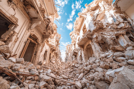 Low-angle perspective view of a street lined with severely damaged buildings, presenting a distressing image of destruction.  The remains of the structures are filled with rubble and debris, and a glimpse of the blue sky and clouds is visible between the broken walls.の素材