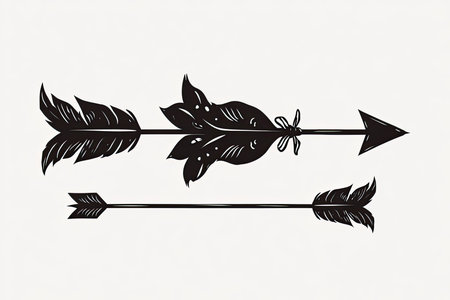 Two stylized arrows with intricate feather details are arranged in a horizontal pattern against a plain background.  The design evokes a sense of decorative artistry and a vintage or tribal aesthetic.の素材
