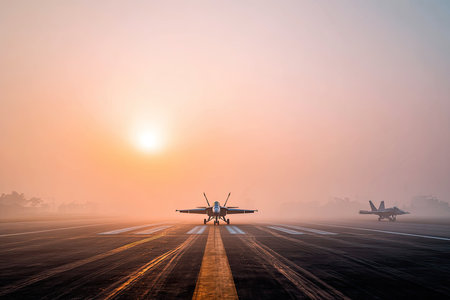 Two military fighter jets are taxiing on a runway during a sunrise.  A light mist or fog hangs over the runway and surrounding area.  The colors of the sky are soft and pastel tones.の素材